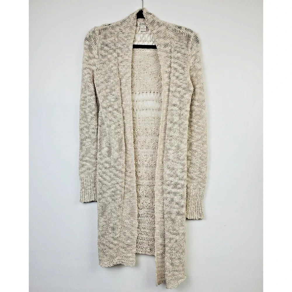 LUCKY BRAND Womens Small Open Front Cardigan Sweater Ivory Crochet Bohemian Boho - Picture 2 of 9